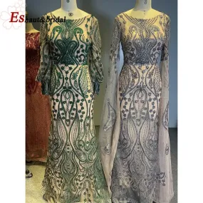 Elegante abito da sera da sera a sirena in pizzo Dubai per donna 2022 O collo maniche lunghe cristallo formale abito da ballo di